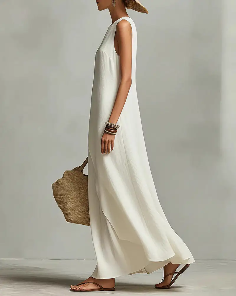 Asymmetric Hem Linen Blend Sleeveless Maxi Dress