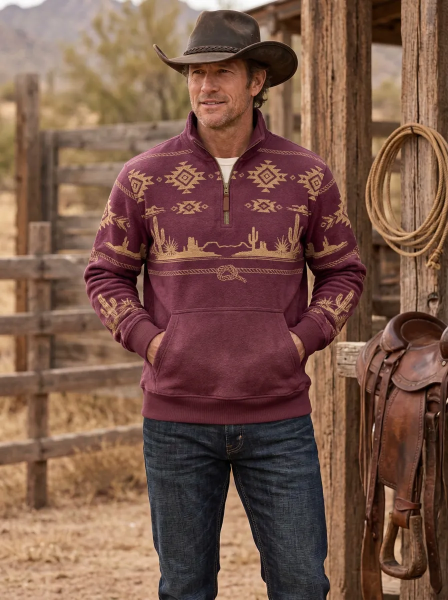 Men's Western Cactus Desert Southwestern Half-Zip Sweatshirt