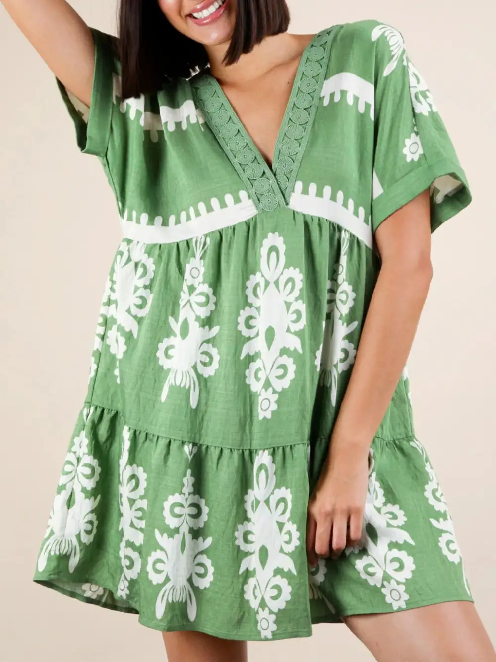 Printed V Neck Short Sleeve Mini Dress