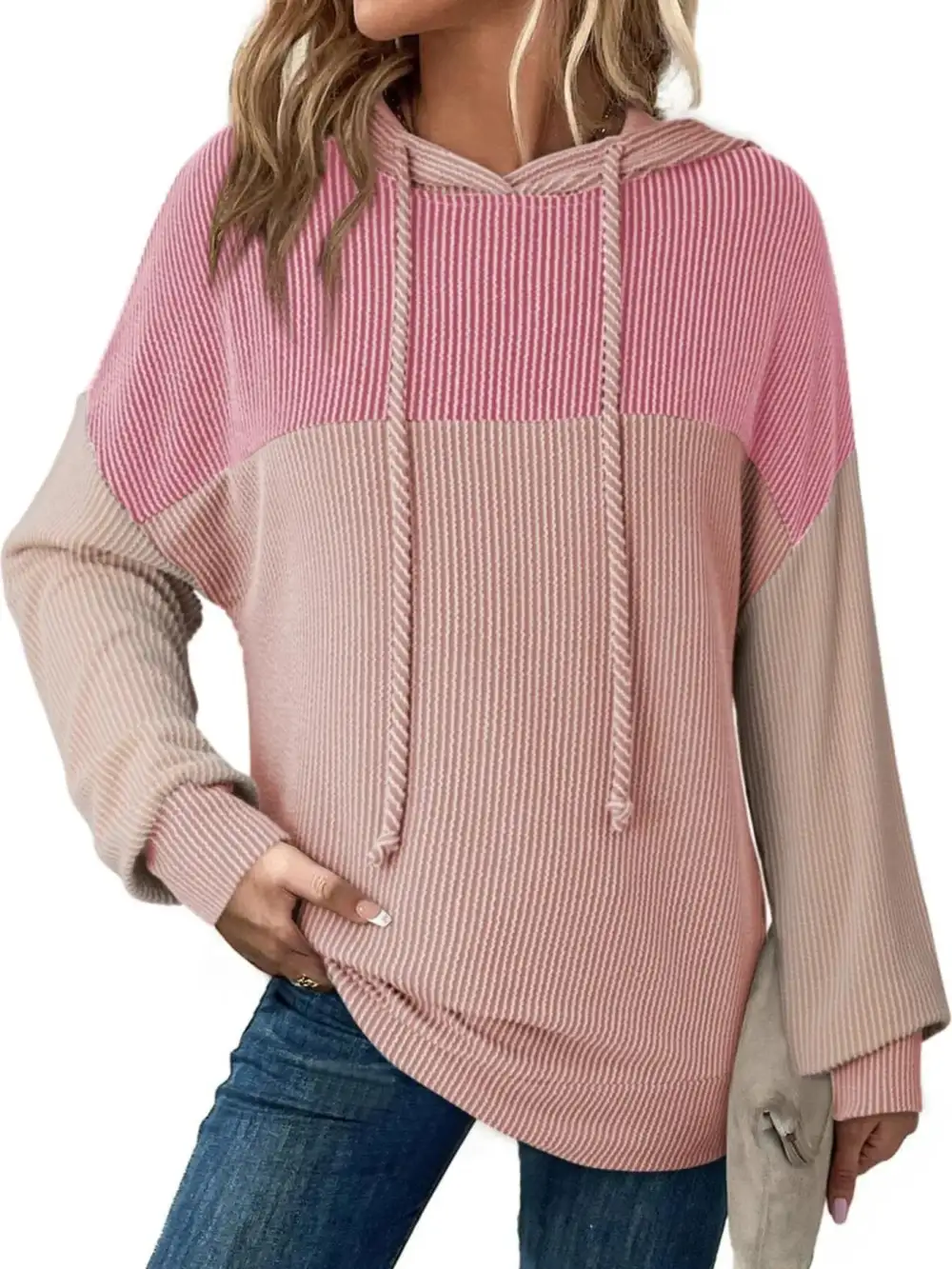 Relaxed Drawstring Long-Sleeve Colorblock Hoodie