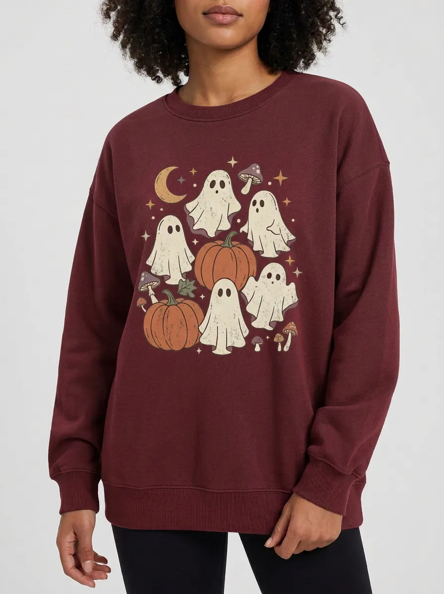 Women's Halloween Ghost Pumpkin Mushroom Printed Sweatshirt