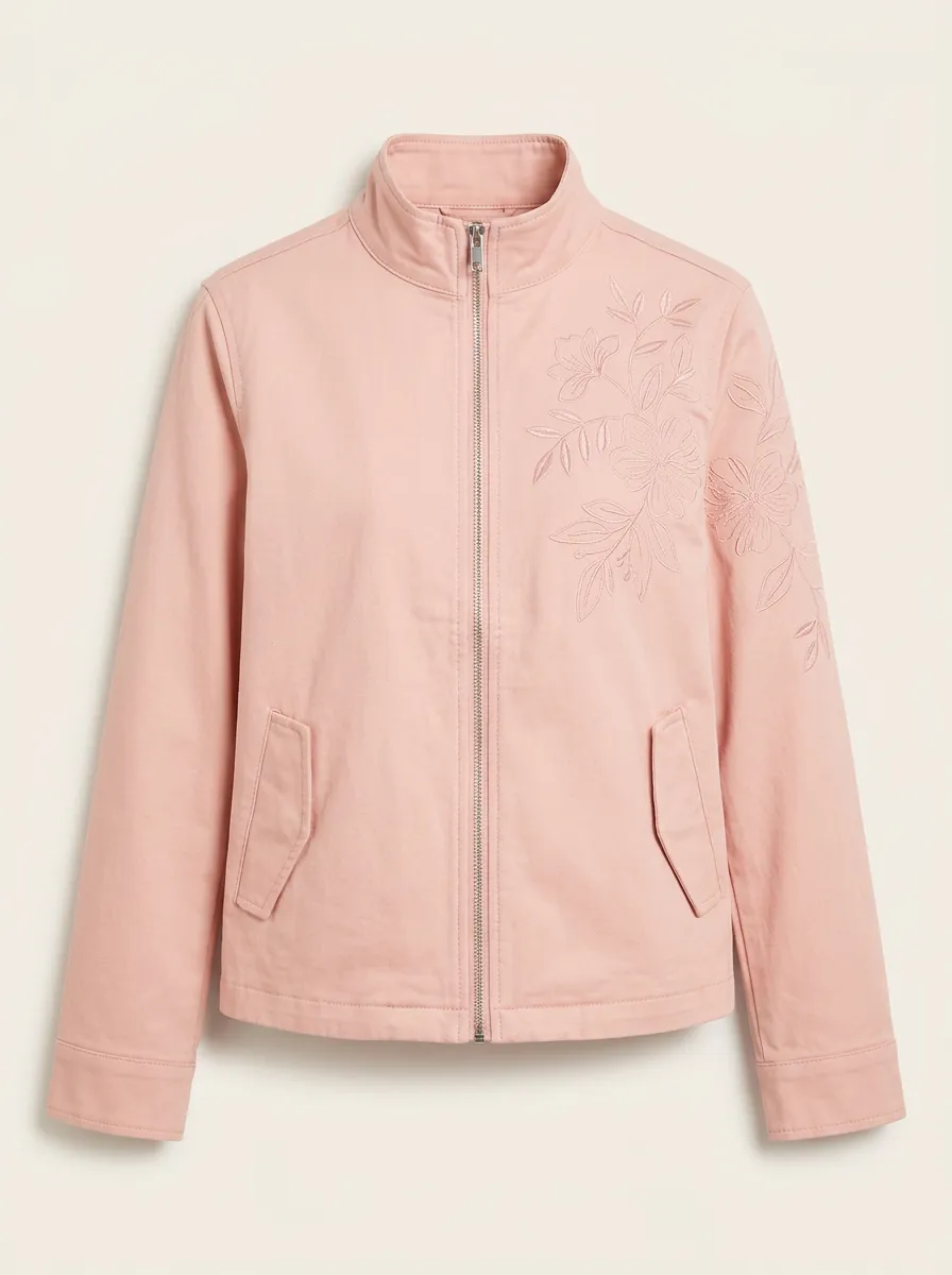 Women's Pink Floral Embroidered Zip-up Jacket