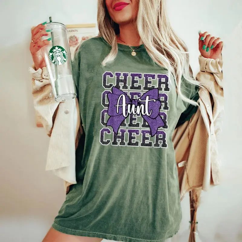 Cheer Aunt Auntie Bow Sport Cheerleader Cheerleading Purple Women's Oversized Comfort T-Shirt