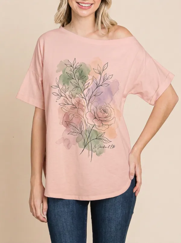 Women's Floral Botanical Watercolor Line Art Printed T-shirt