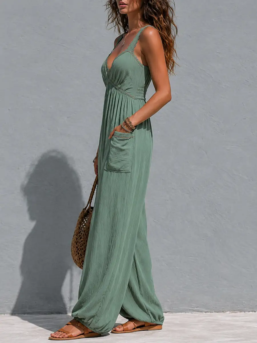 Boho Lace-Trimmed Wide-Leg Jumpsuit With Patch Pockets
