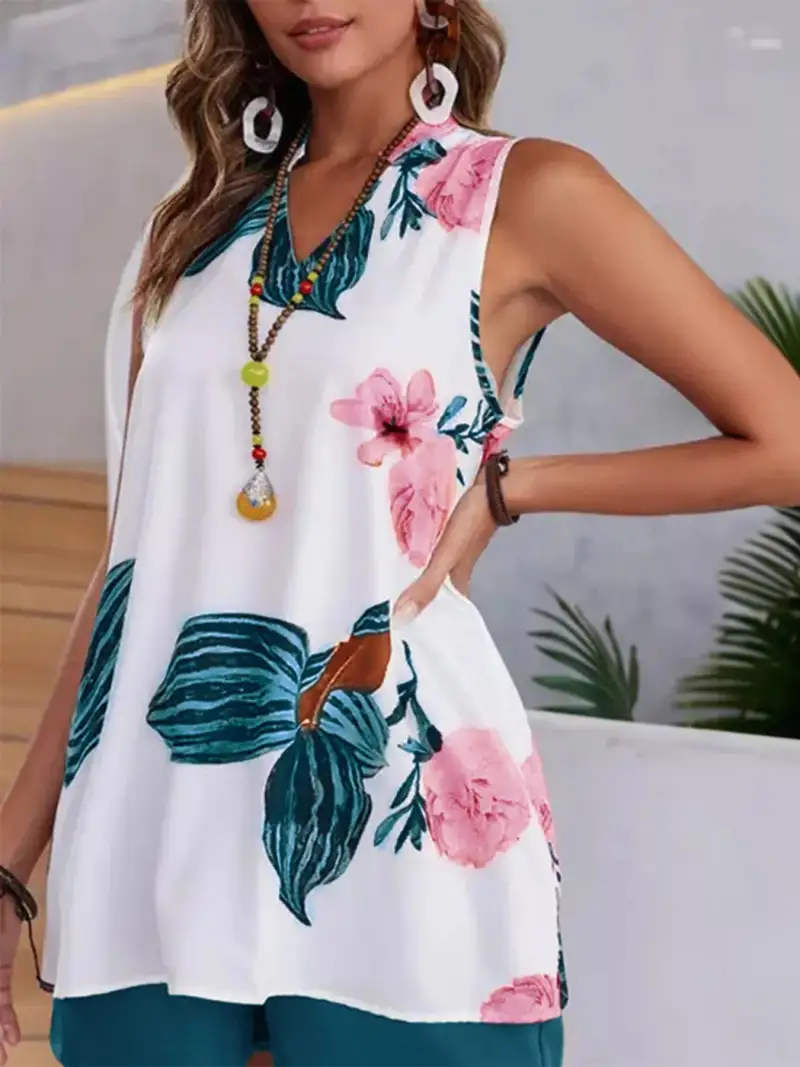 Refined Pocketed Floral-Print Top and Shorts Matching Set