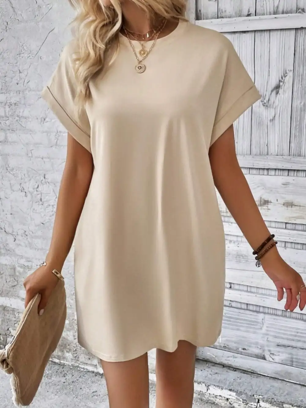 Round-Neck Short-Sleeve Cotton Casual Dress