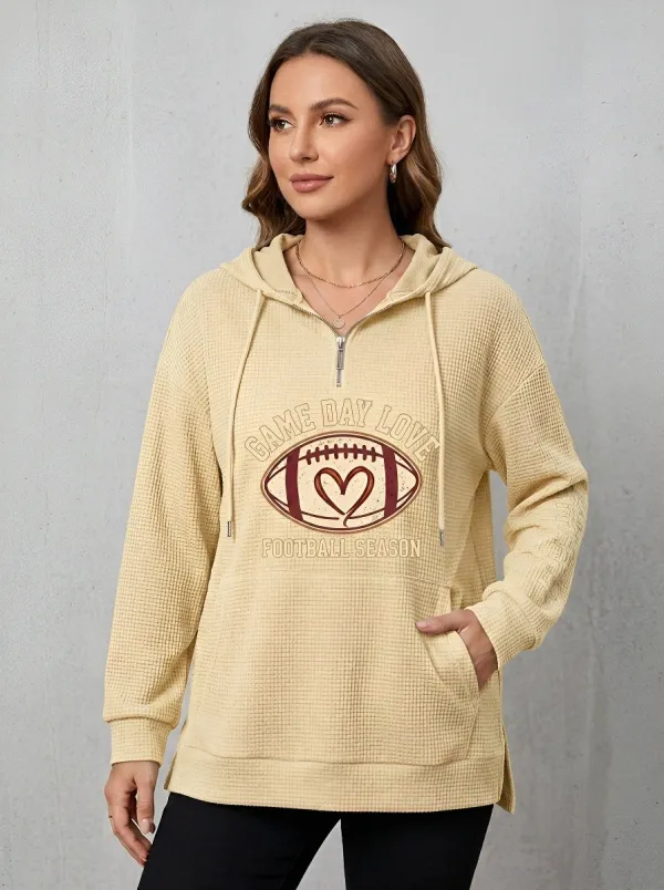 Women's Football Lover Game Day Heart Printed Waffle Knit Hoodie