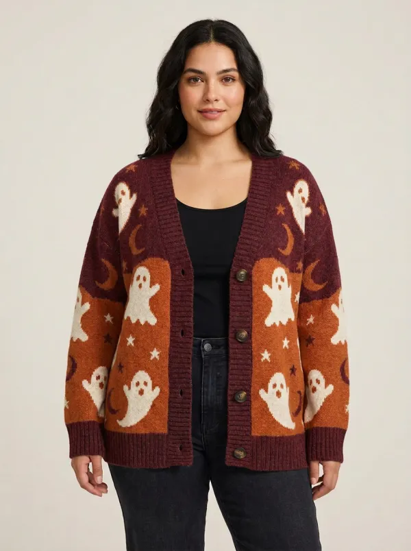 Women's Halloween Ghost Moon Star Patterned Knitted Cardigan