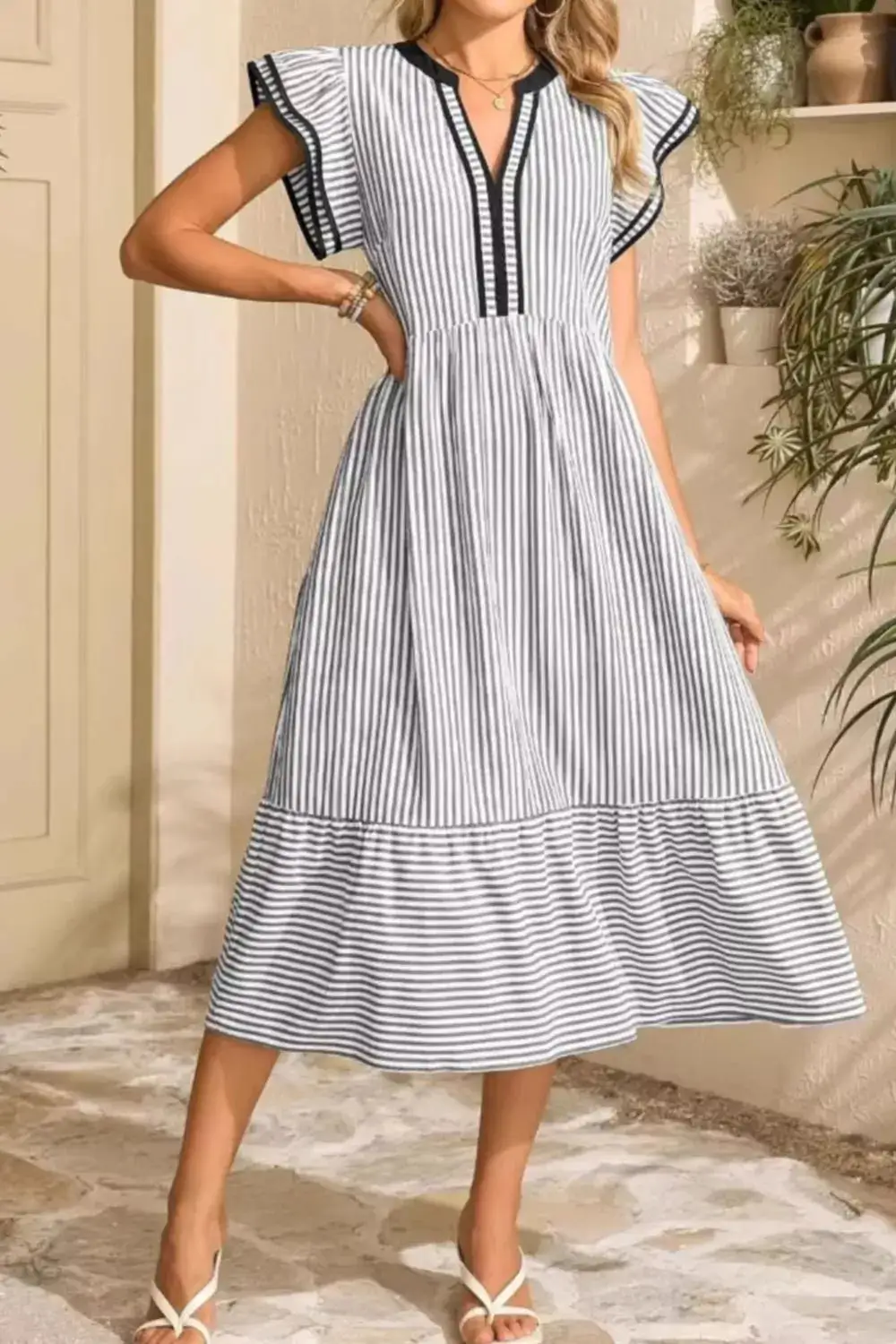 Striped Ruffle Midi Dress
