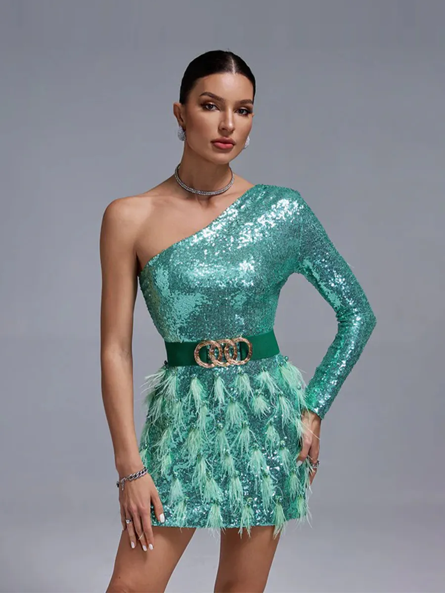 Adeline One Shoulder Sequins&Feather Cocktail Dress