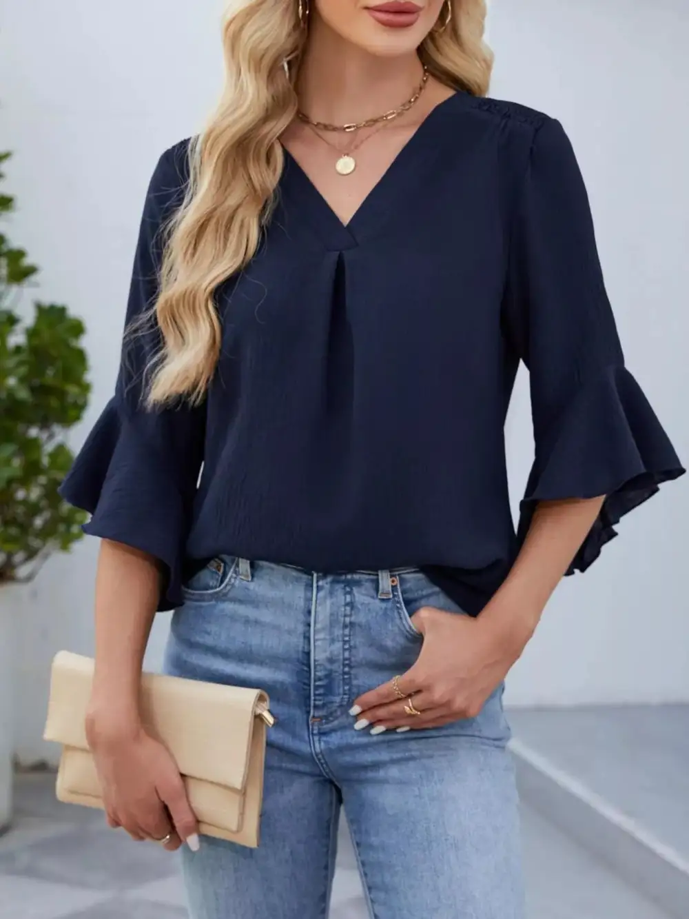 V Neck Ruffle Sleeve Blouse