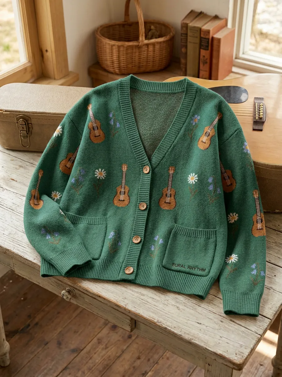 Rustic Illustrated Women's Country Music Knit Cardigan
