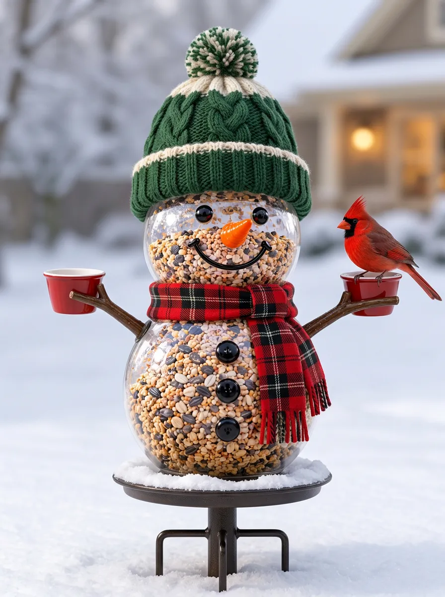 Festive Snowman Plaid Scarf Christmas Bird Feeder