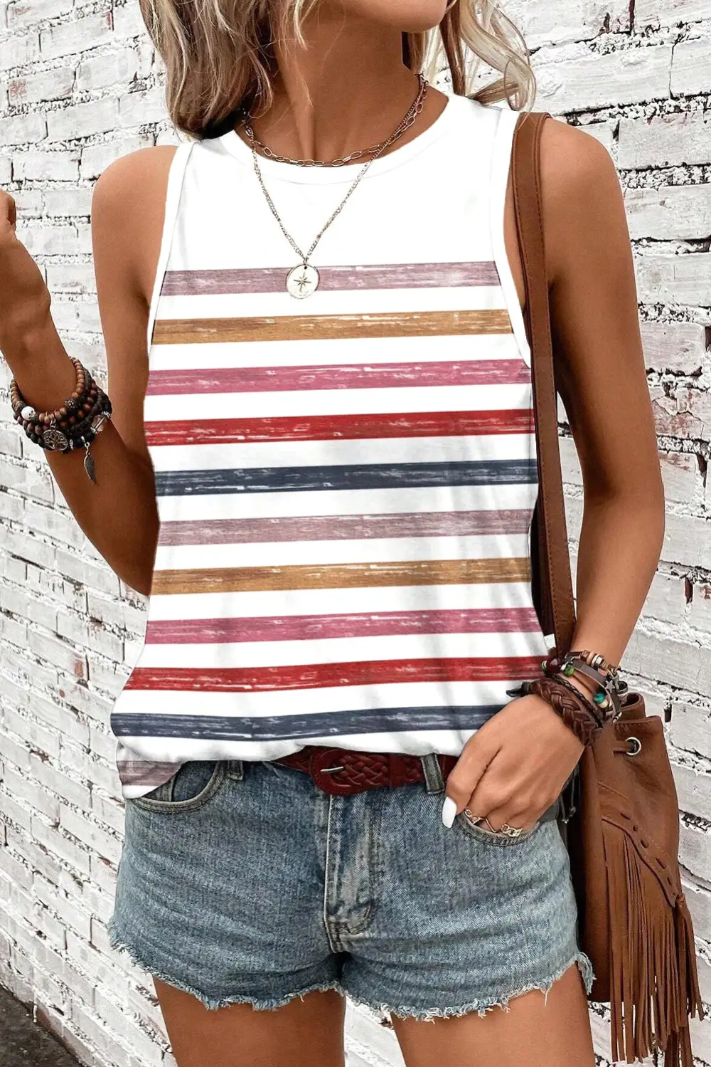 Stripe Rainbow Round Neck Tank Top