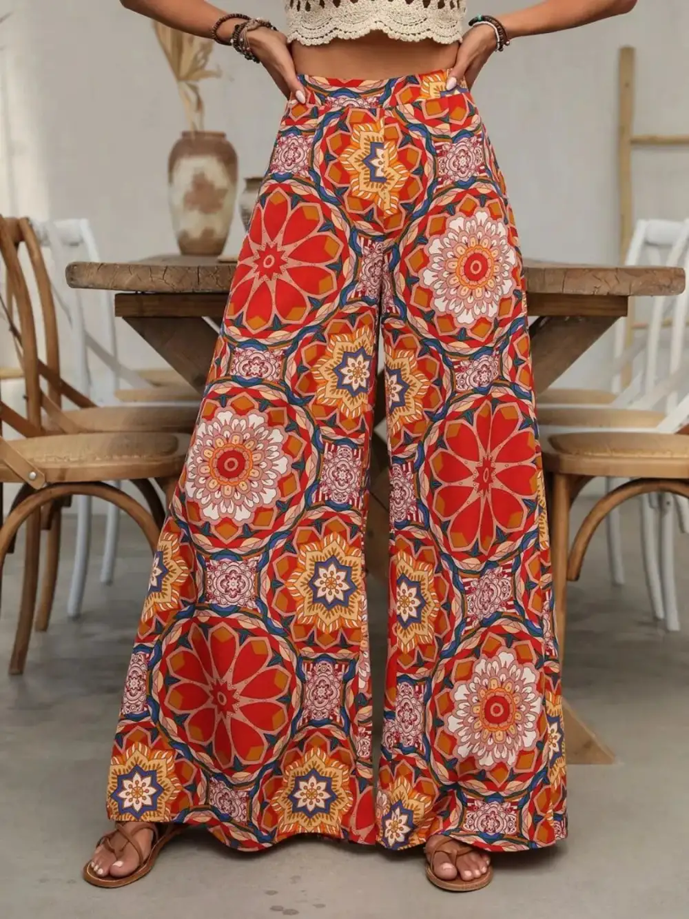 Draped Printed Wide Leg Pants