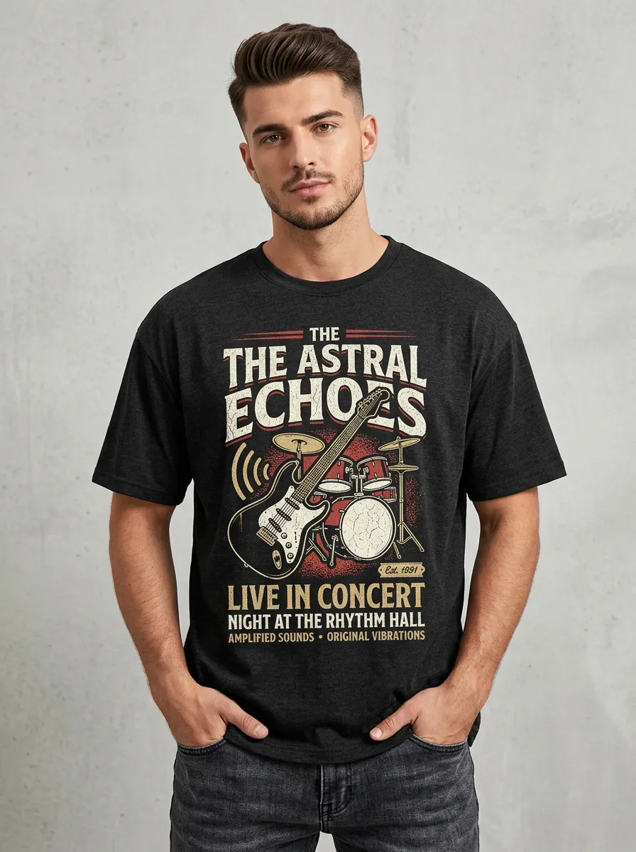 Men's Rock Music Lover Astral Echoes Guitar Drum Printed T-shirt