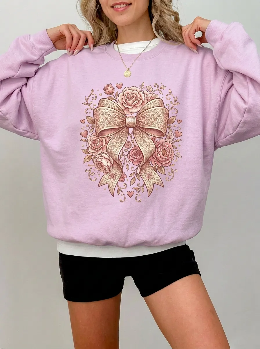 Women's Breast Cancer Awareness Floral Bow Printed Sweatshirt