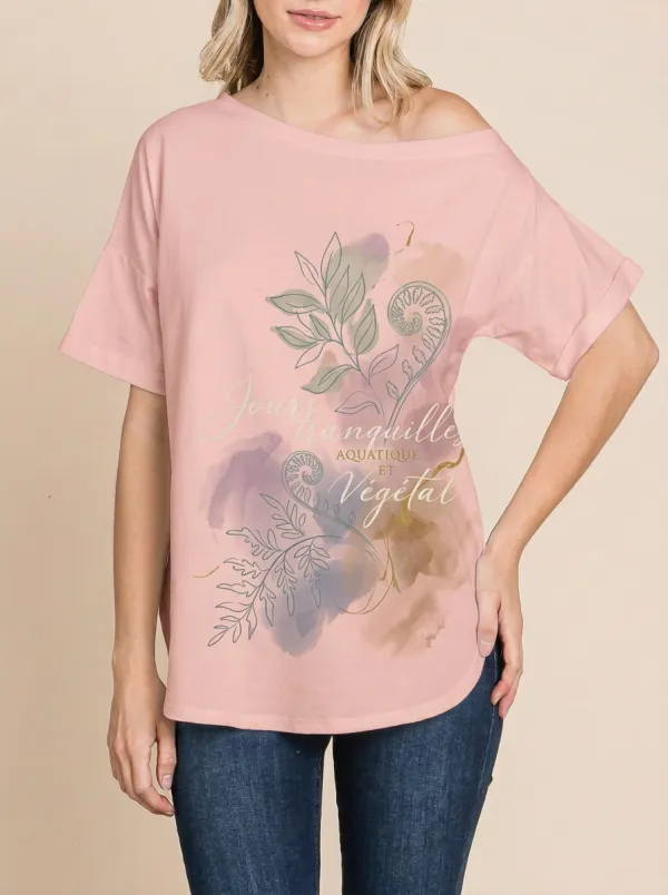 Women's Botanical French Quote Watercolor Fern Printed T-shirt