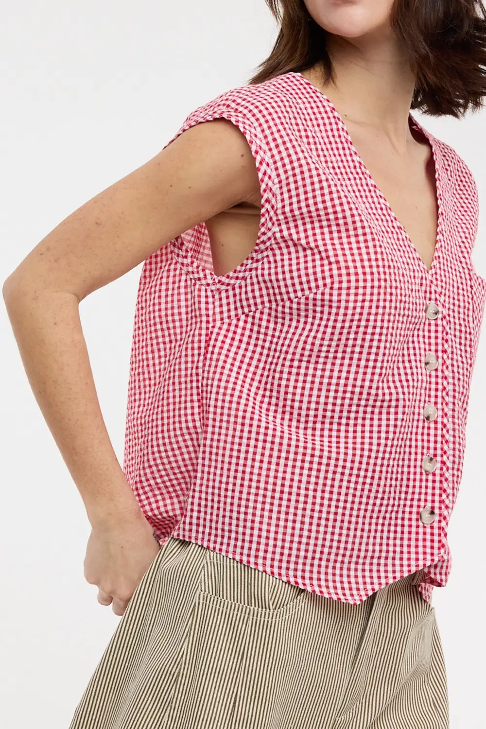 Gingham Button Front V Neck Cropped Tank Top
