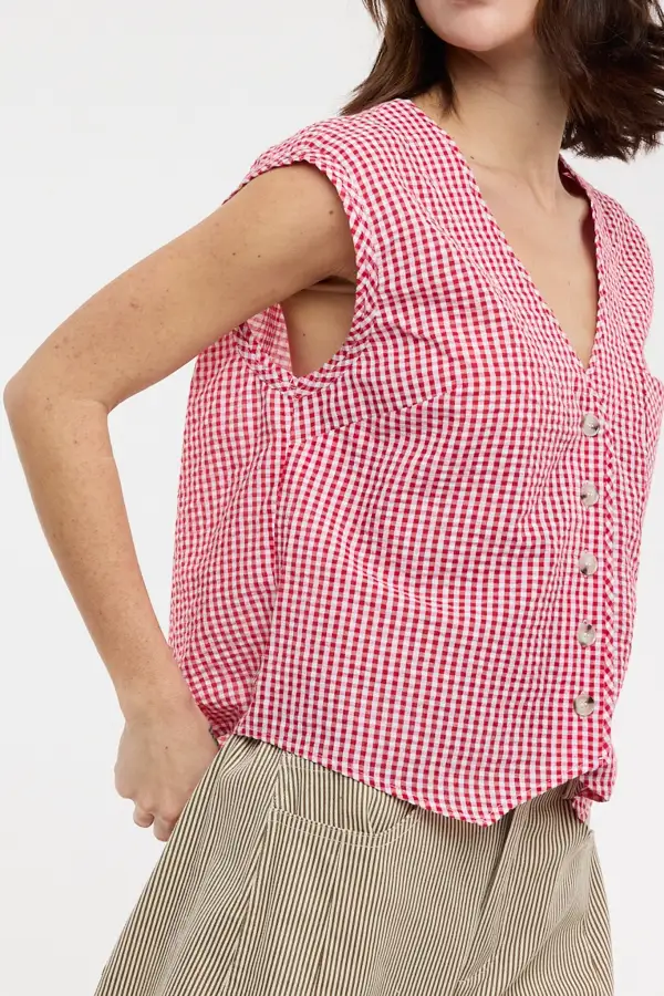 Gingham Button Front V Neck Cropped Tank Top