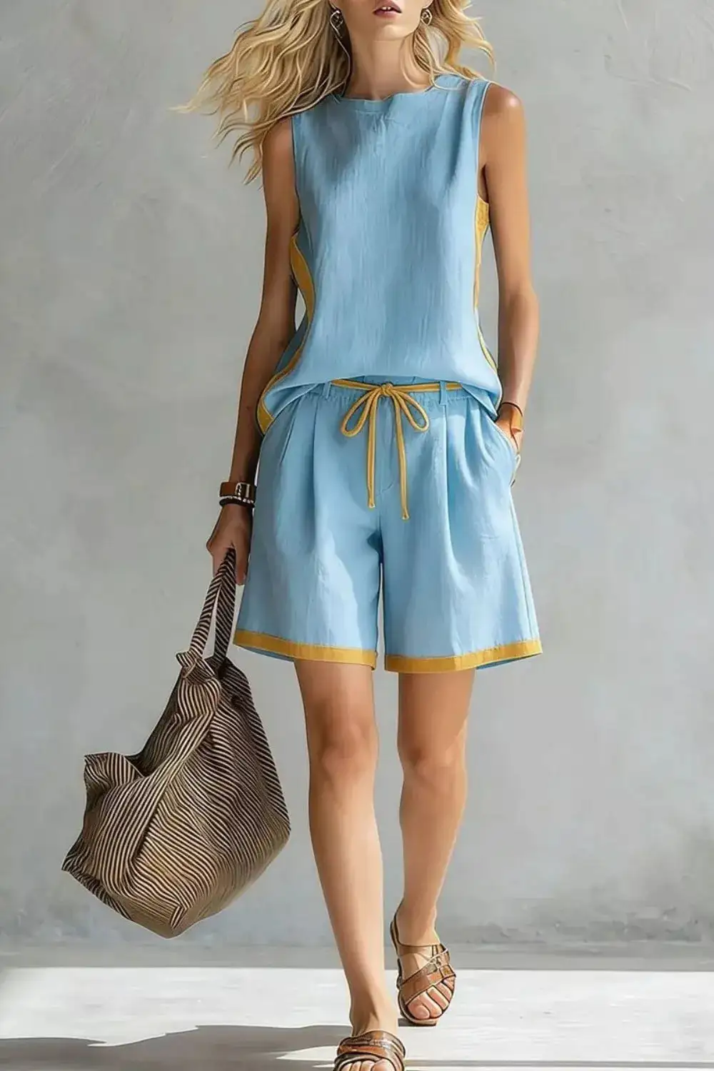 Contrast Trim Tank Shorts Set