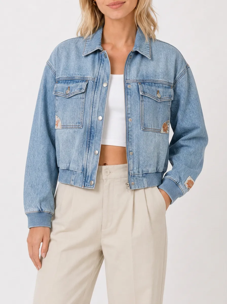 Women's Floral Patchwork Light Wash Denim Printed Jacket