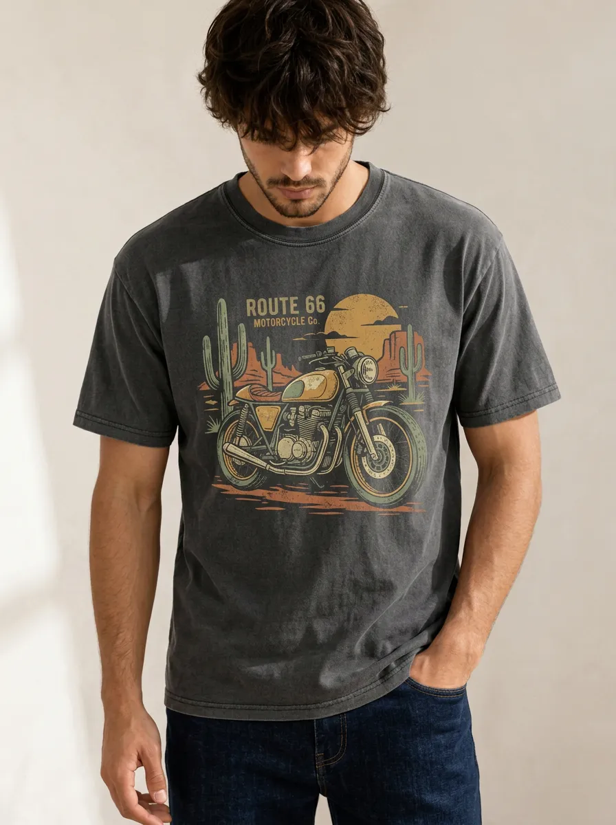Men's Motorcycle Cactus Desert Printed T-Shirt