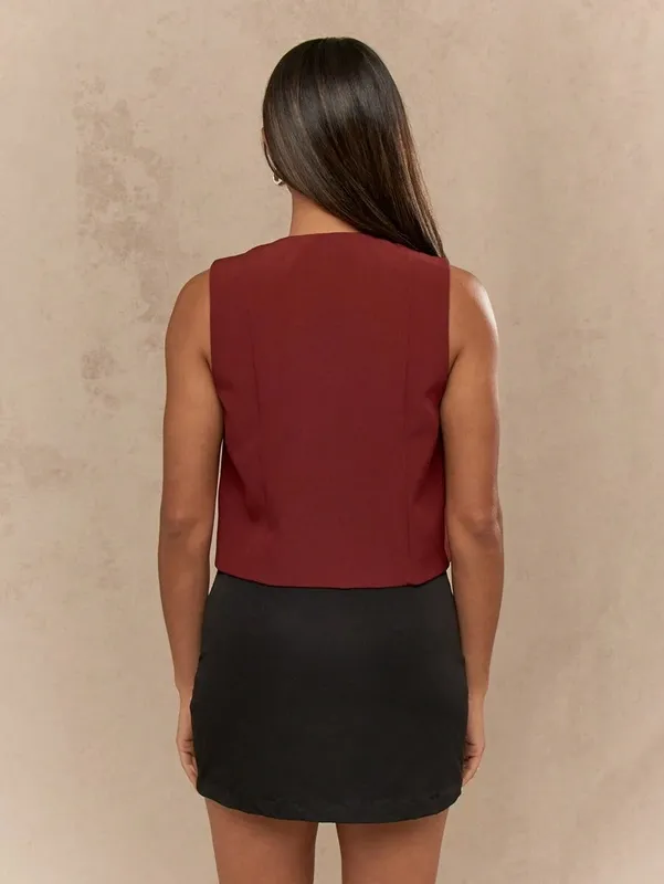 Burgundy V Neck Tie Detail Vest
