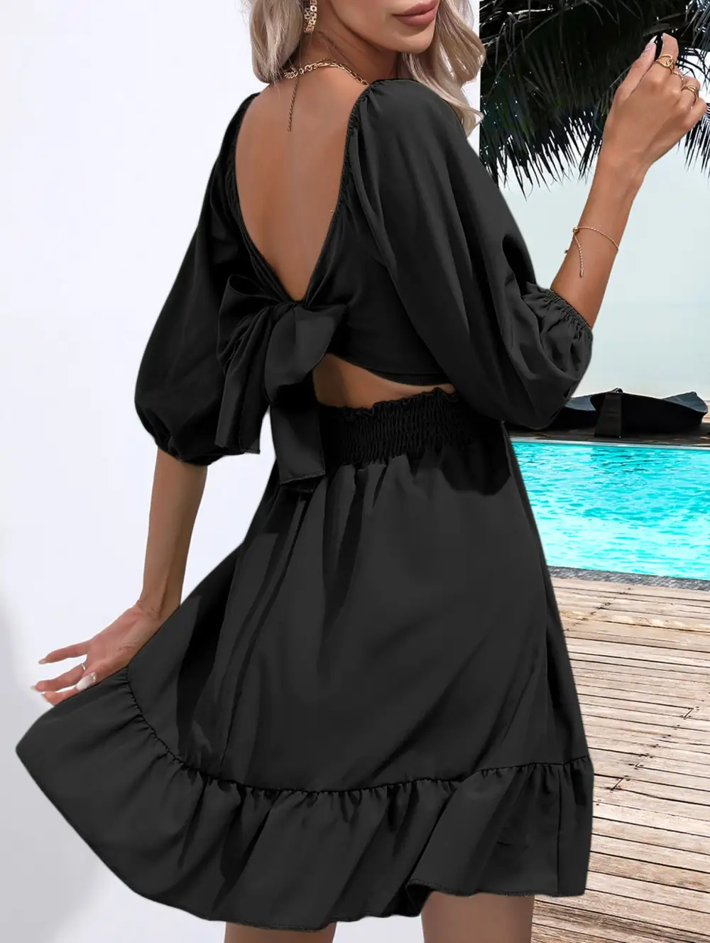Square Neckline Ruffled Tie Up Mini Dress