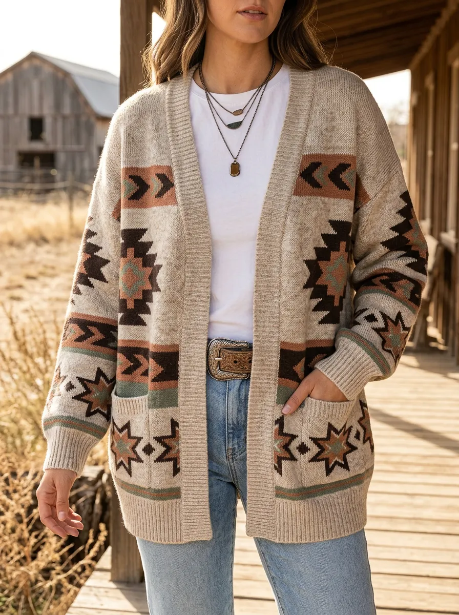 Women's Western Aztec Geometric Pattern Printed Cardigan Sweater