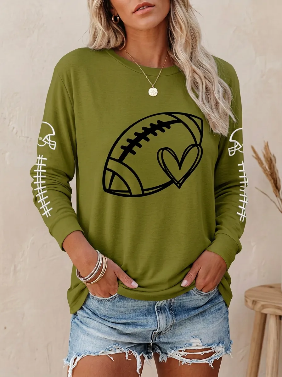 Women's Vintage Inspired Gridiron Heart Ball Crewneck Long Sleeve T-Shirt