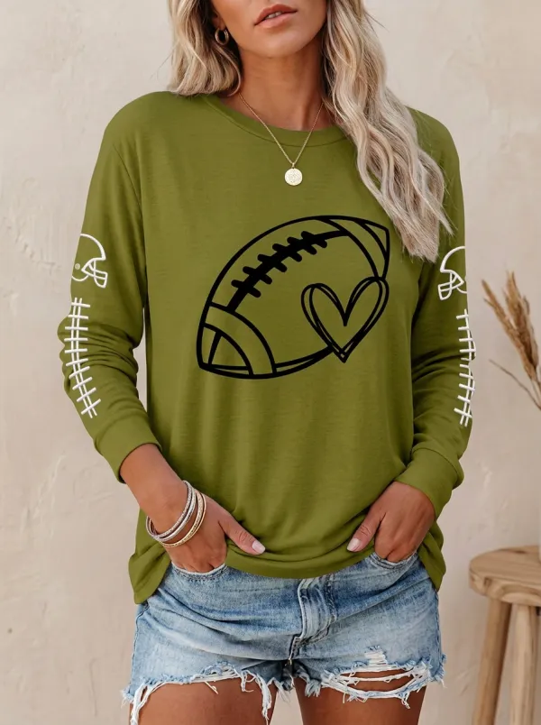 Women's Vintage Inspired Gridiron Heart Ball Crewneck Long Sleeve T-Shirt