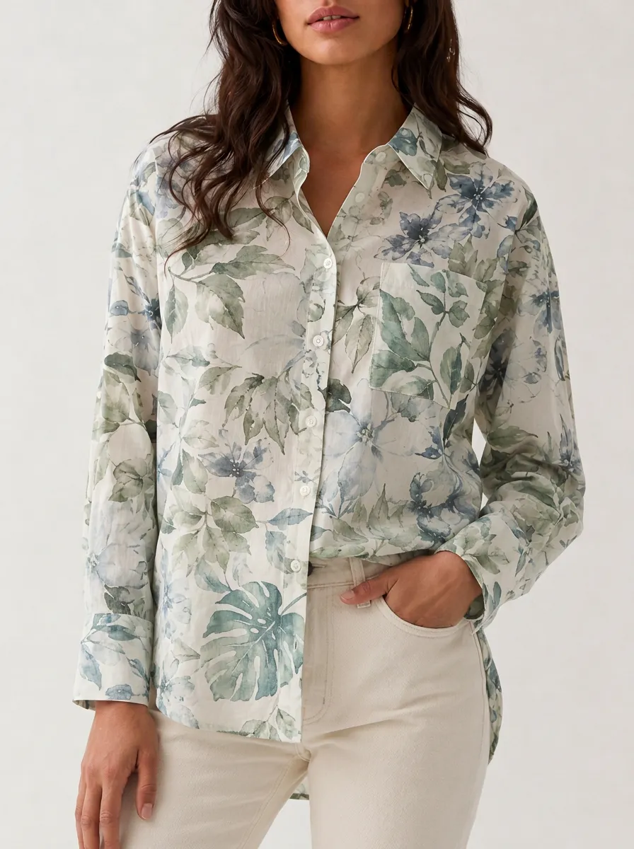 Women's Botanical Floral Leaf Pattern Printed Button-down Shirt
