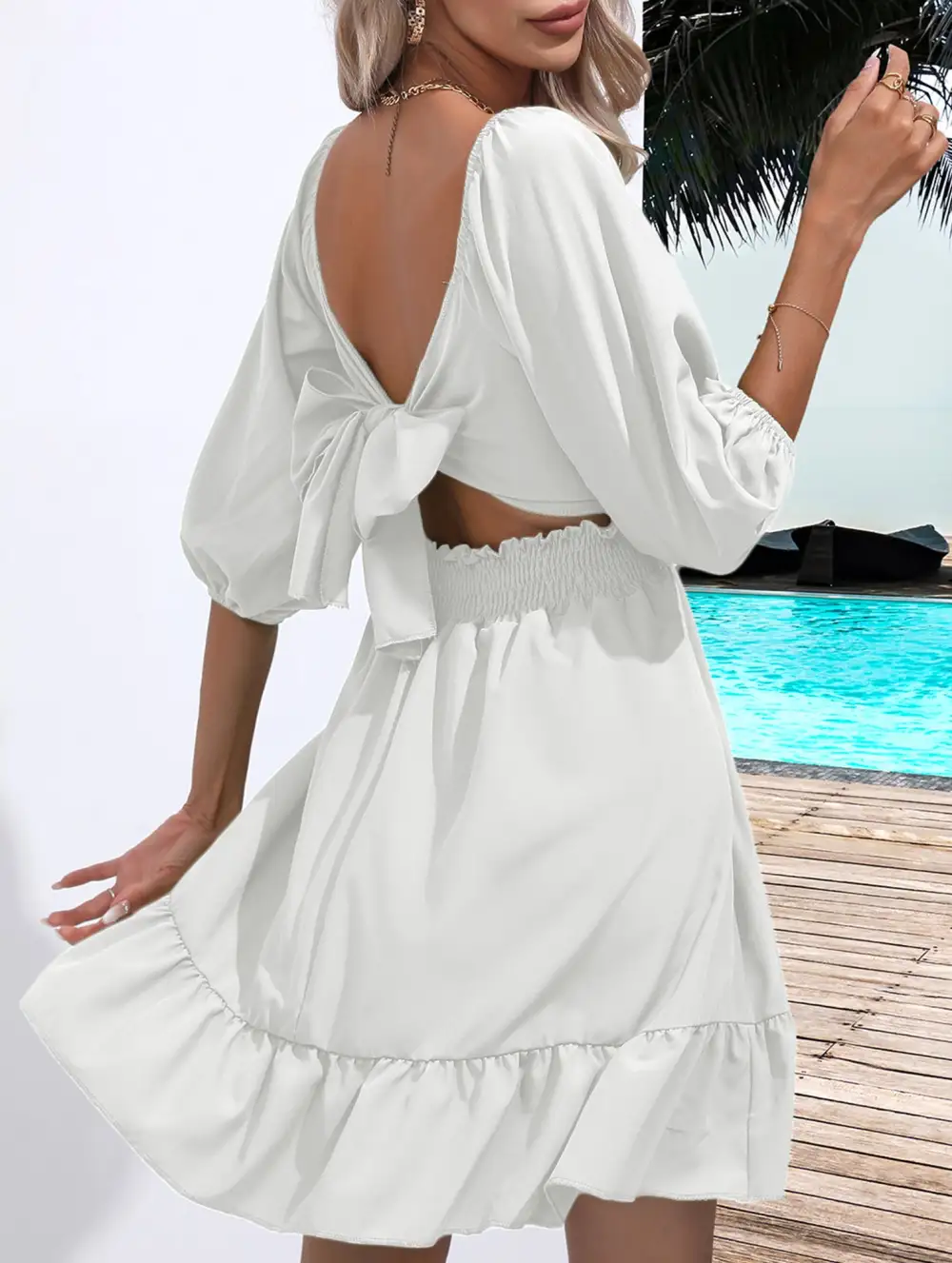 Square Neckline Ruffled Tie Up Mini Dress