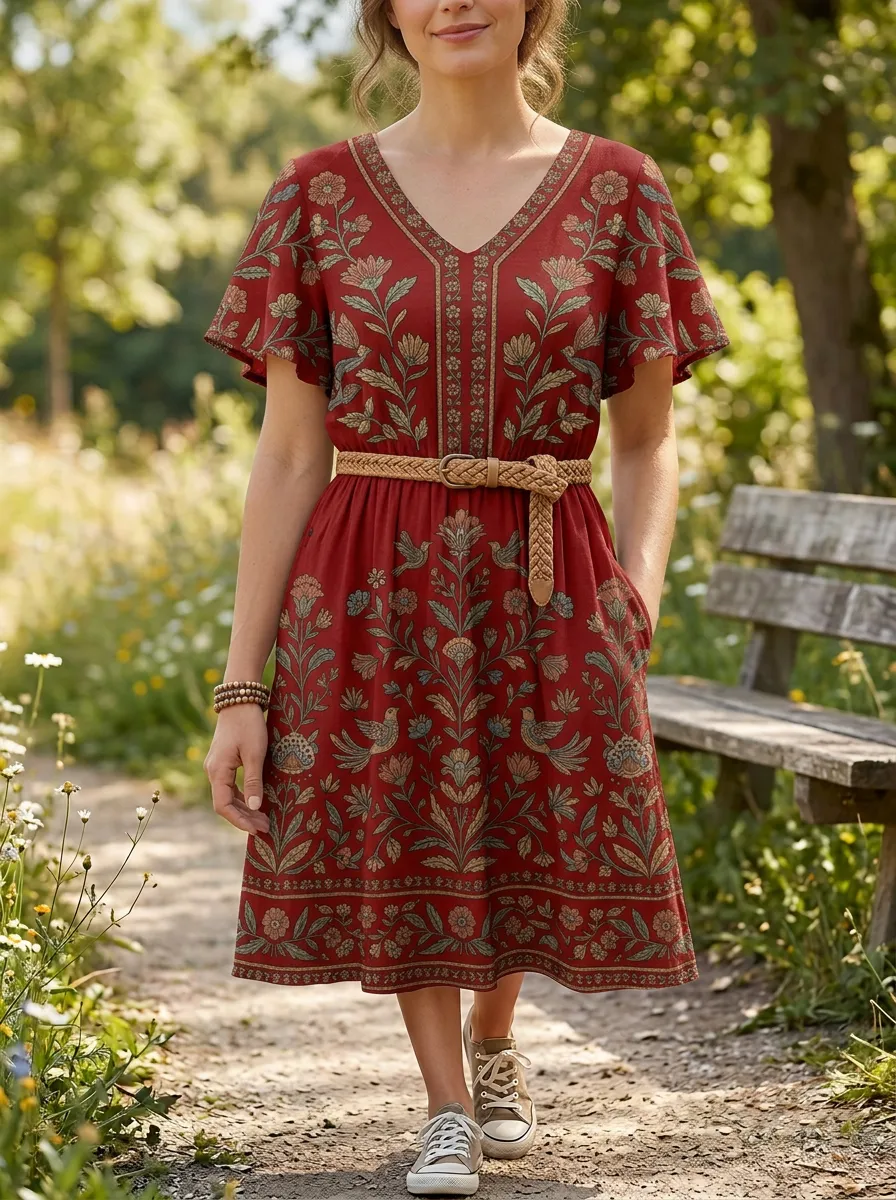 Women's Boho Floral Bird Pattern Printed Dress