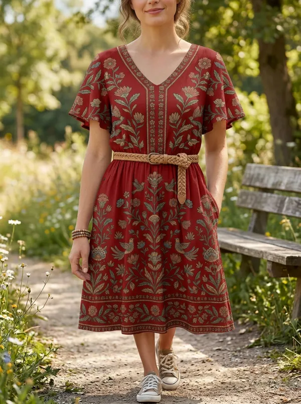 Women's Boho Floral Bird Pattern Printed Dress
