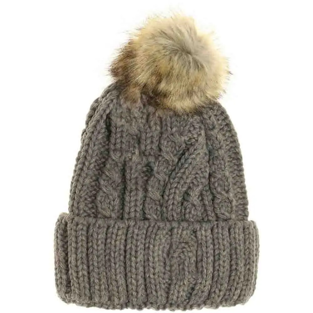 Cable Ribbed Fur Pom Beanie