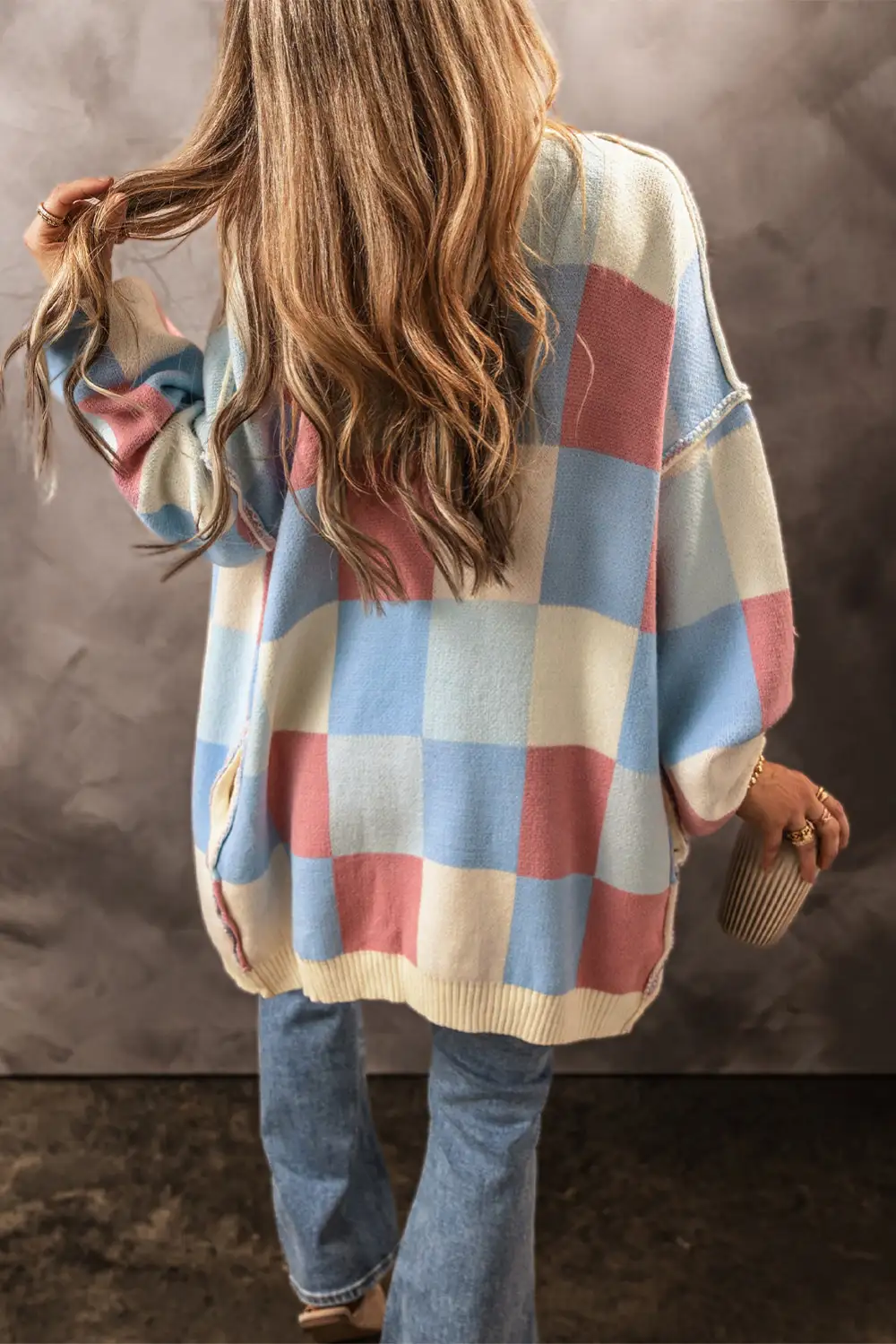Soft Knit Checkered Open Front Drop Shoulder Cardigan