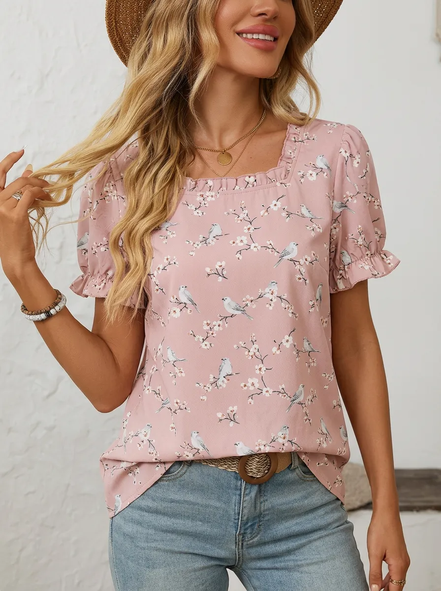 Cherry Blossom Bird Floral Women's Loose Printed Blouse