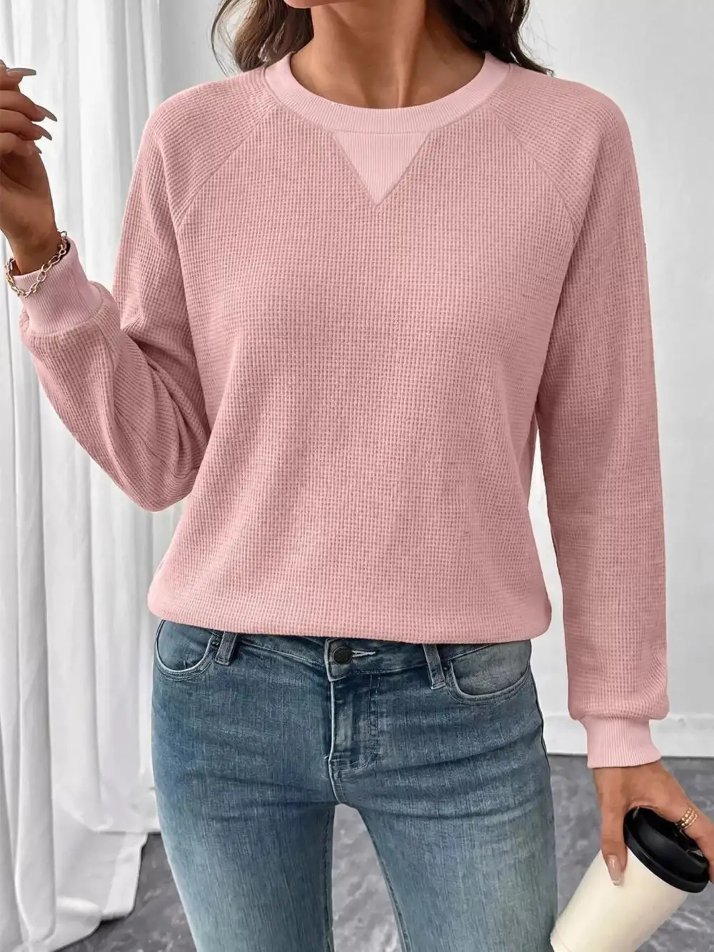 Crew Neck Waffle Knit Sweatshirt