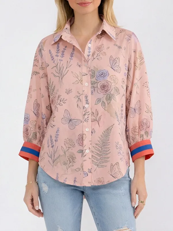 Women's Floral Butterfly Botanical Printed Button Down Shirt