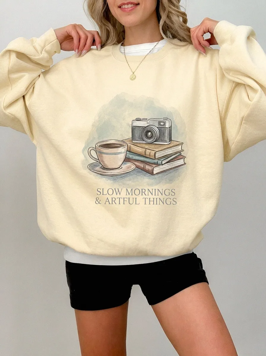 Women's Coffee Book Camera Slow Mornings Printed Sweatshirt