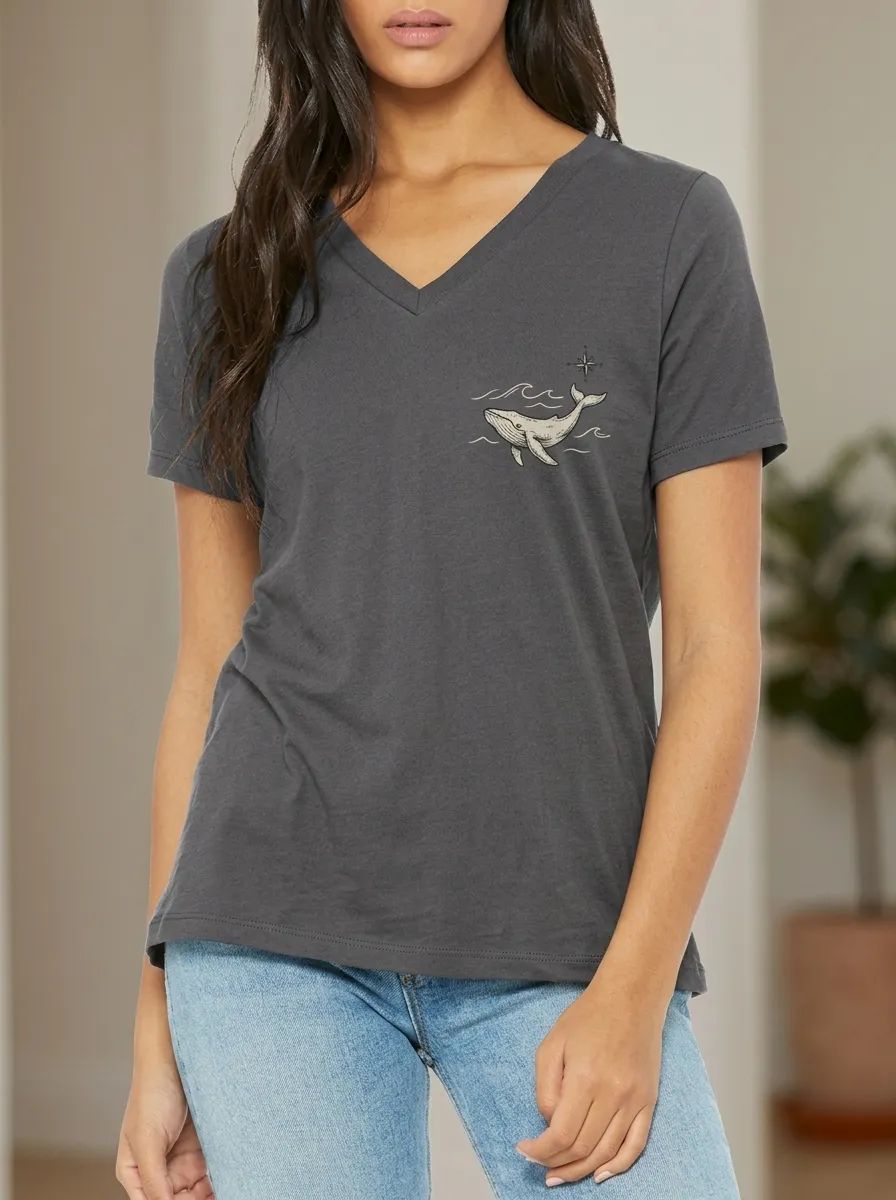 Women's Ocean Lover Whale Compass Printed V-Neck T-Shirt