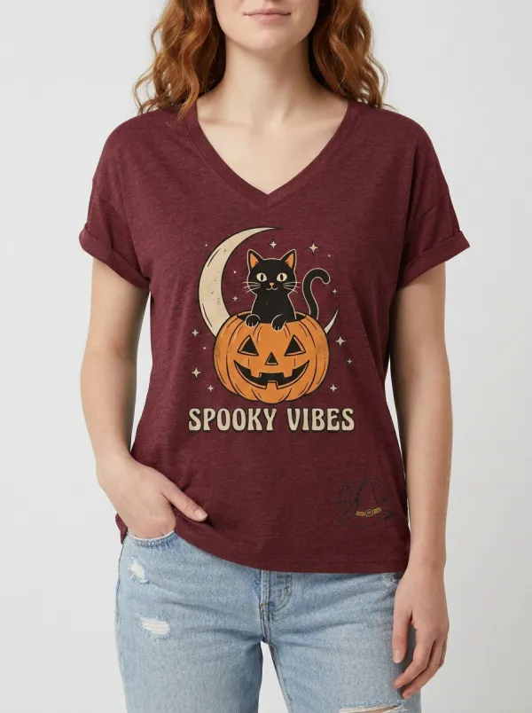 Women's Halloween Spooky Vibes Black Cat Pumpkin Printed T-shirt