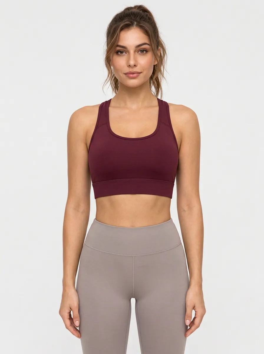 Women's Cross Back Sports Bra with Burgundy Printed Detail