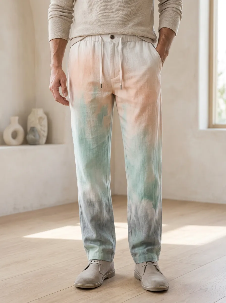 Men's Casual Beach Style Tie-Dye Printed Linen Pants