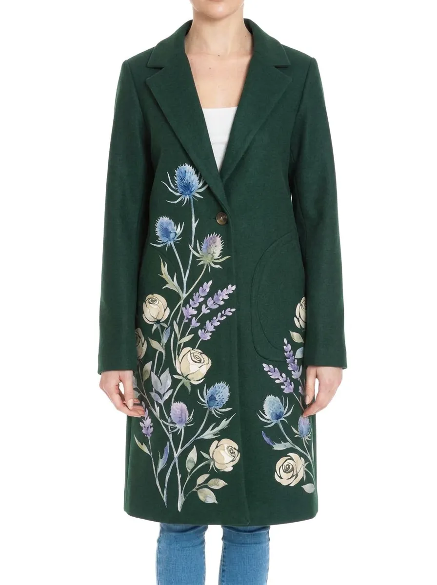 Women's Botanical Floral Thistle Rose Printed Wool Coat