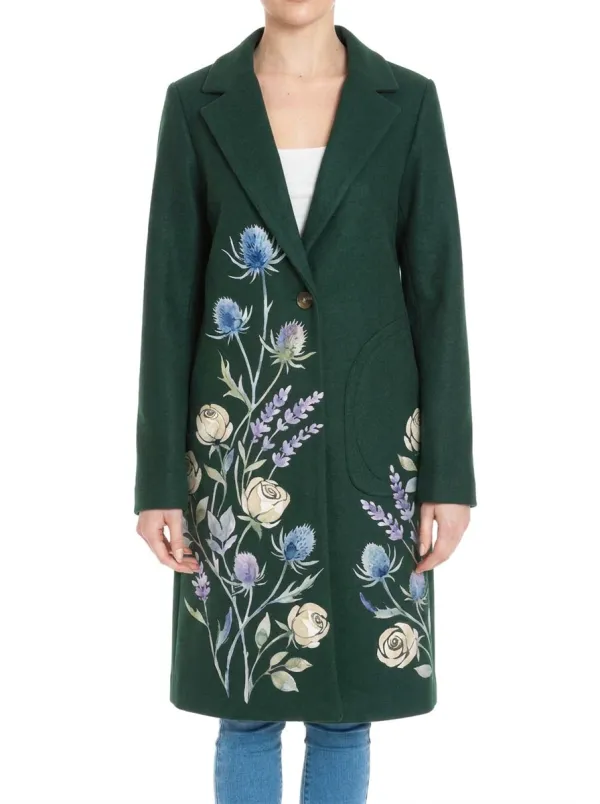 Women's Botanical Floral Thistle Rose Printed Wool Coat