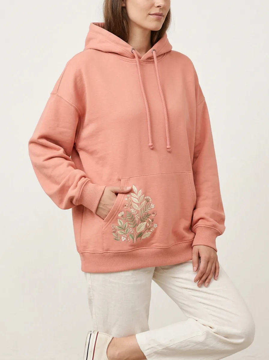 Women's Pink Floral Botanical Embroidered Printed Hoodie